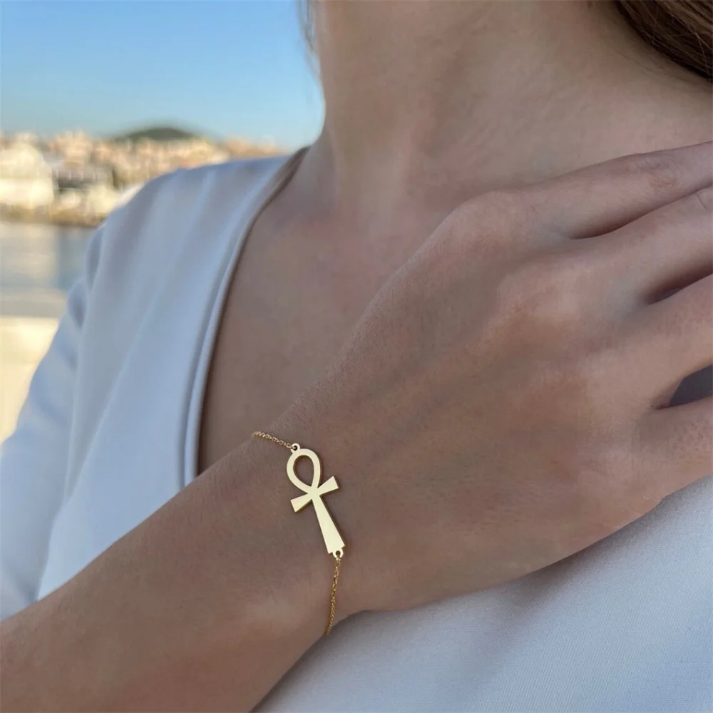 Minimalist Ancient Egypt Ankh Bracelet for Women Gold Color Stainless Steel Cross Wrist Chain Bangle Vintage Egyptian Jewelry