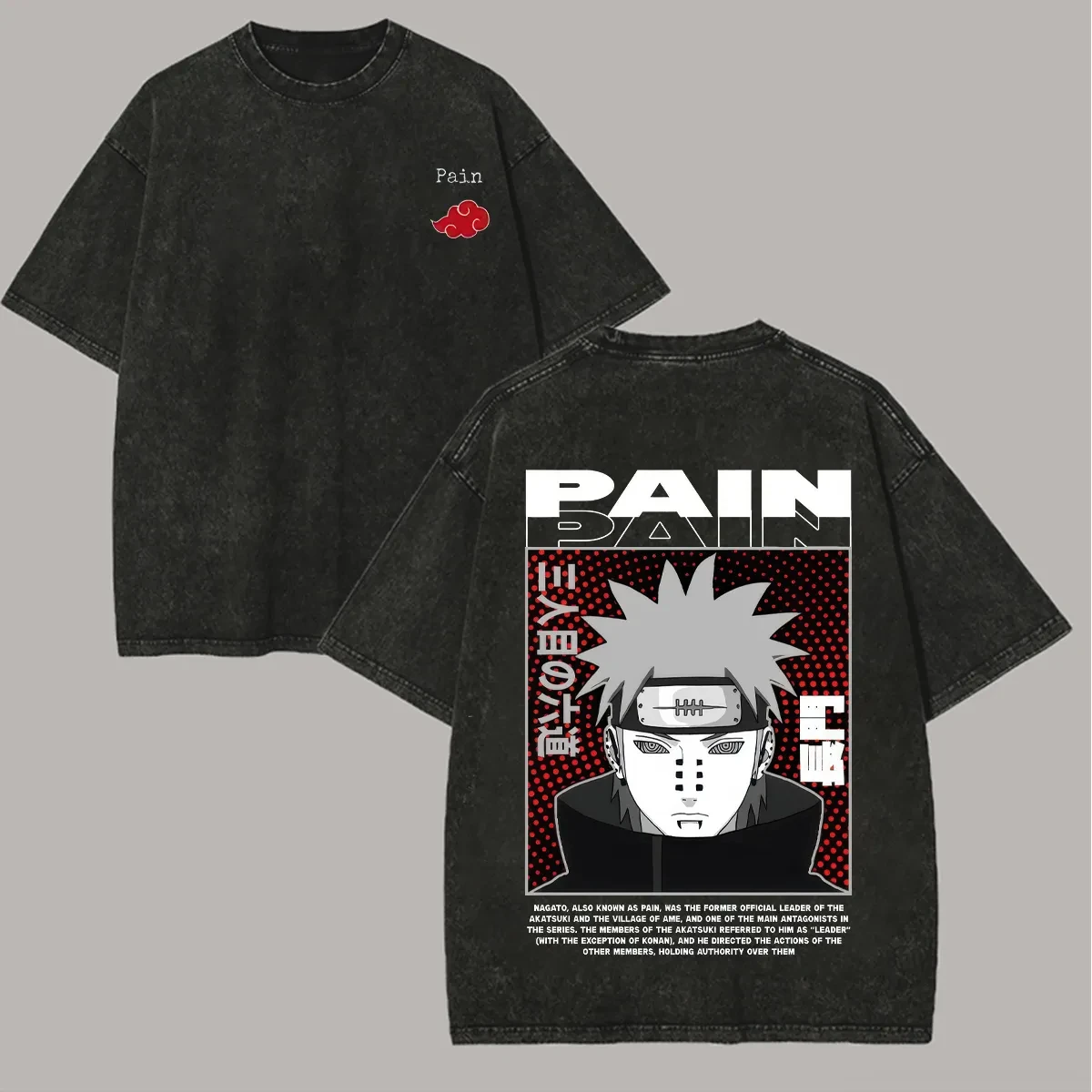 Pain T-Shirt Naruto Herren Acid Wash Rückendruck Akatsuki Anführer Anime Grafik Baumwolle Streetwear Rinnegan Vintage Bootleg Tee