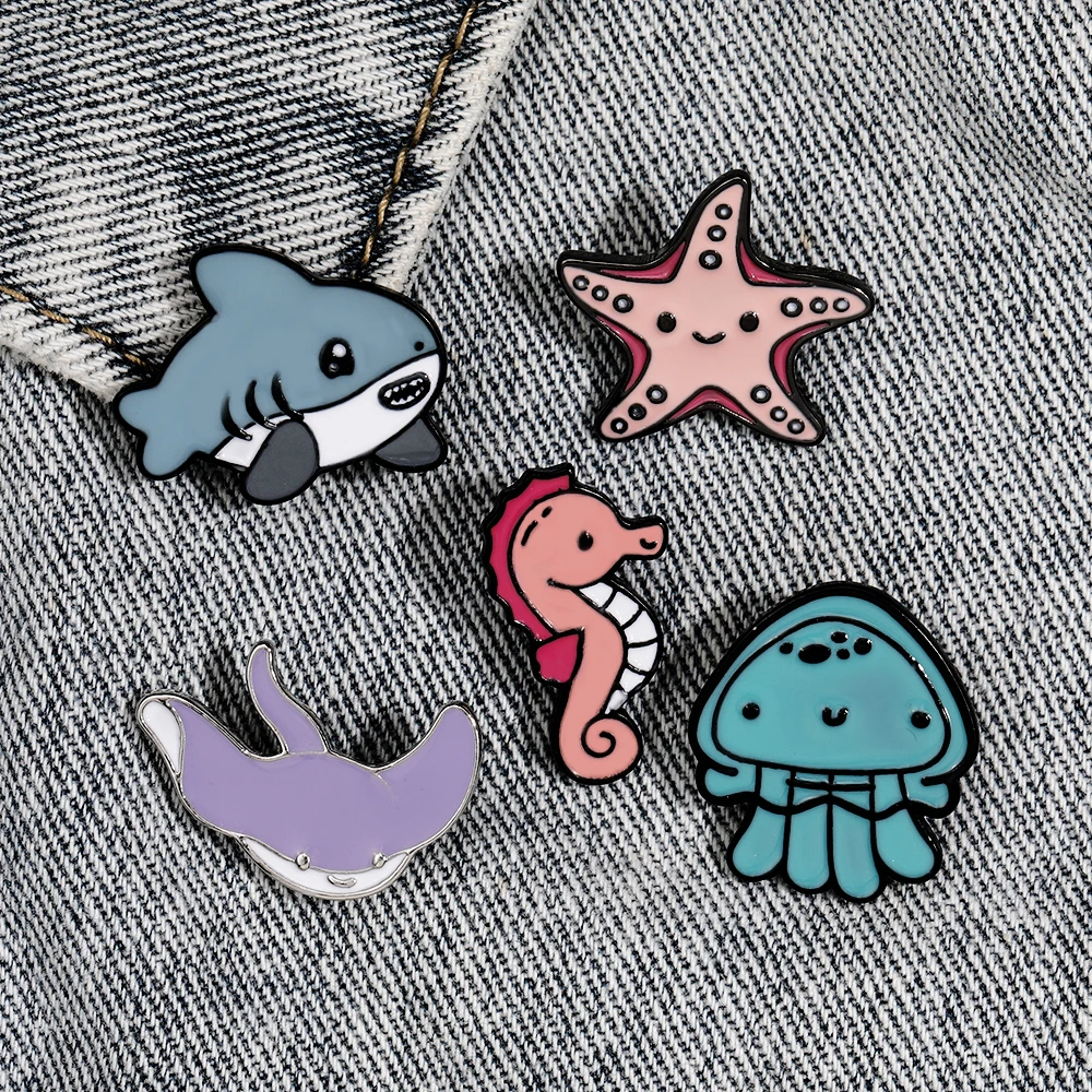 Cartoon Ocean Halobios Collection Enamel Pins Starfish Seahorses Jllyfish Whales Devil Fish Brooches For Backpack