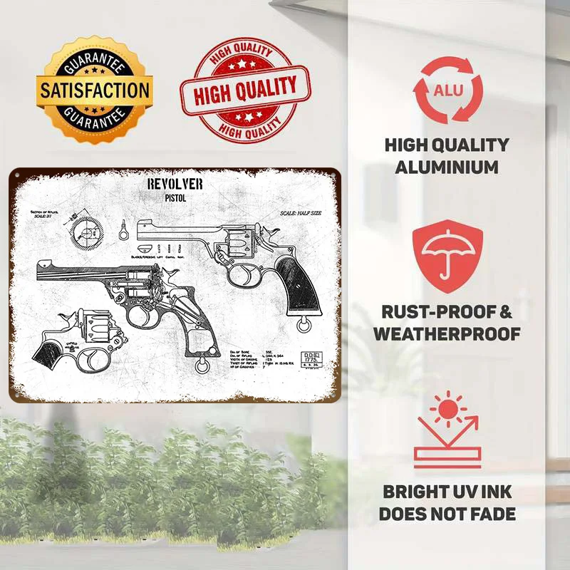 Revolver Pistol Poster Customized Vintage Metal Signs Wall Art Retro Tin Plaque for Bathroom Decor Room Accessories Wand Deko