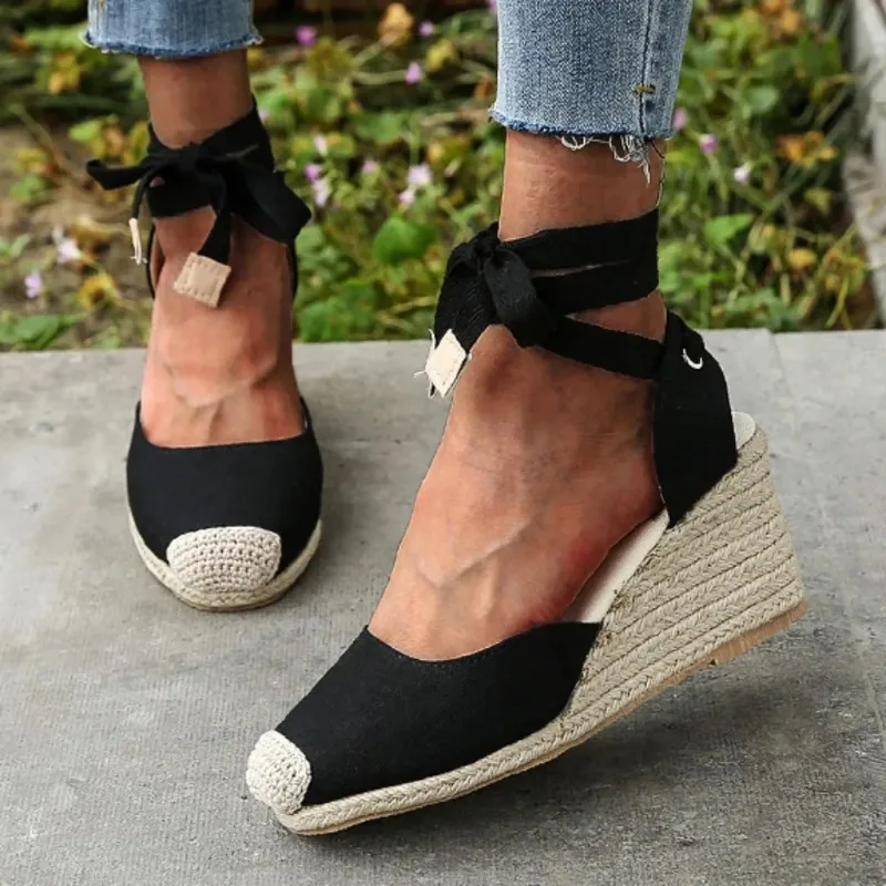 Espadrille sandal wanita, Kasut panggung kanvas tali pergelangan kaki kasual Wedge bernafas