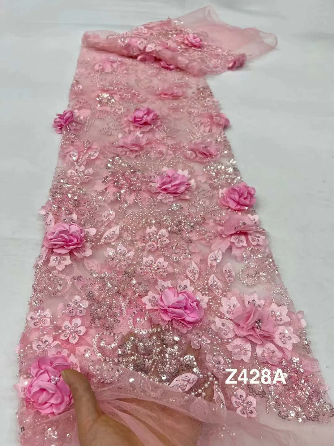 

Latest French 3D Flower Glue Sequins lace Fabric 2024 high Quality Nigerian Sequins Beads Lace Fabric with wedding Sew 5 Yards