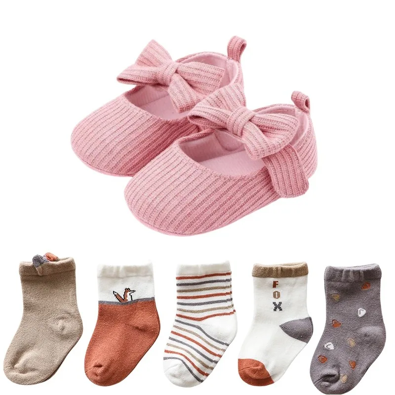 Cute Bow Shoes with Socks Spring Autumn Girl First Time Toddler Shoes Soft Sole Non-Slip Girl Princess Shoes and Socks 0-1Years