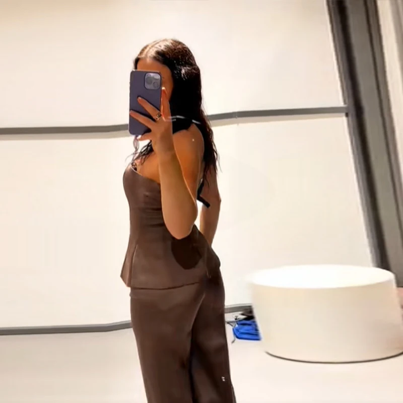 Zaza فاخر مثير الساتان أعلى بانت مجموعات للنساء حمالة الخصر النحيف سترة عارضة الصلبة السراويل 2025 جديد سيدة الخريف وتتسابق #3