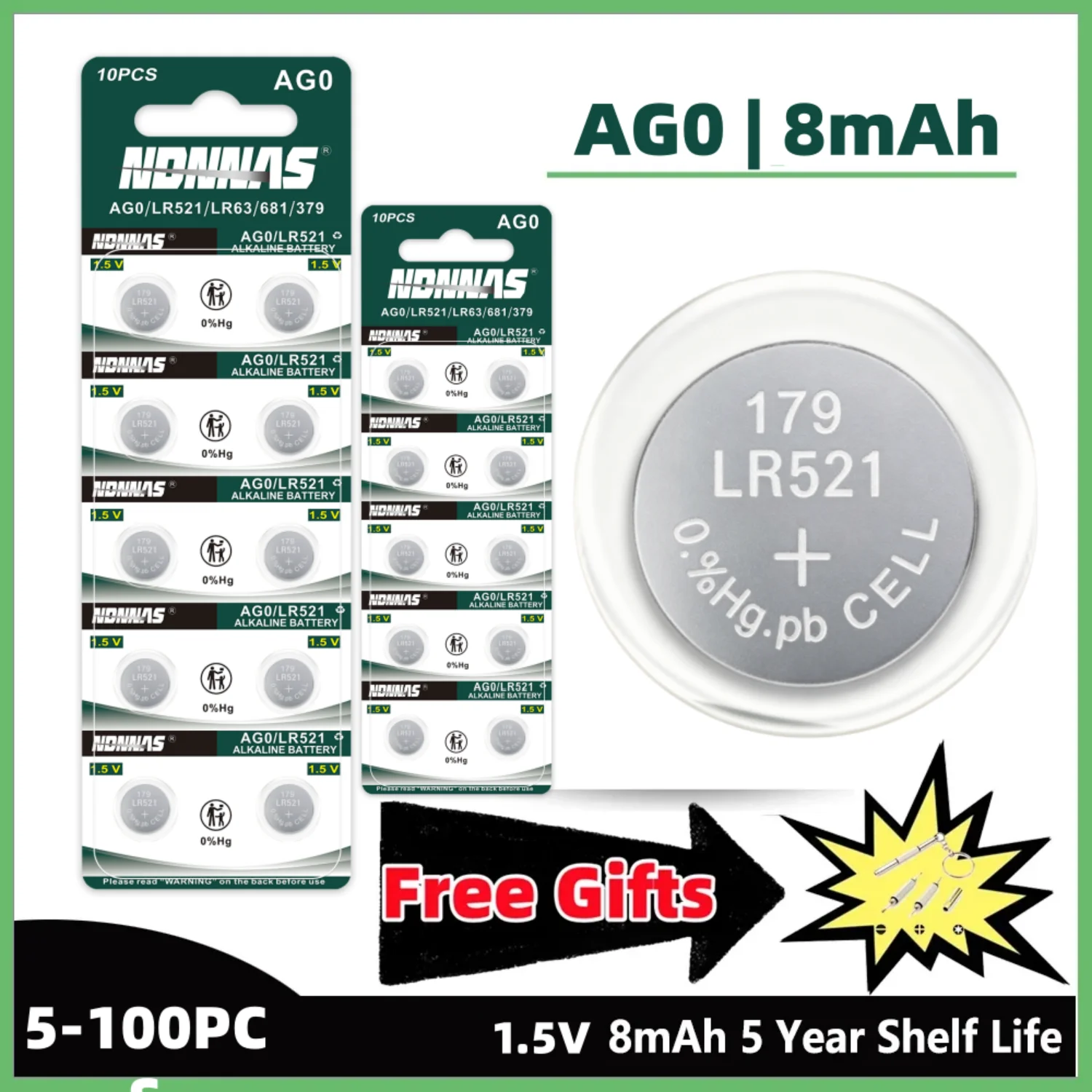 

5-100Pcs AG0 LR63 SR521SW 8mAh 1.5V Alkaline Coin Cell Button Battery For Watch Car Key Remote Clock Toy Small Electronic Device