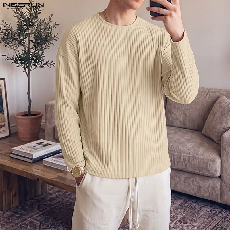 INCERUN Men's Pullovers Solid Knitted O-neck Long Sleeve Casual Men Clothes Streetwear Spring Autumn Fashion Sweaters For Man