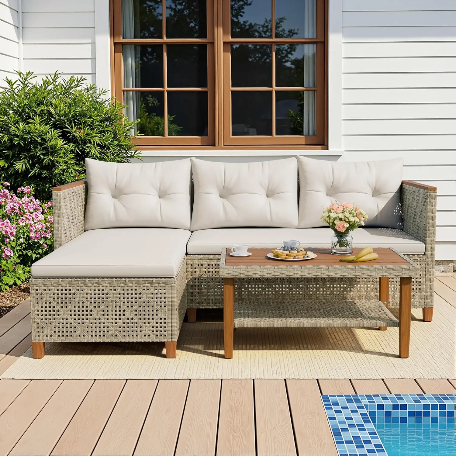

Patio Furniture Set 3 Piece Outdoor Sectional Sofa Hollow Rattan Patio Seating Sofa , Porch, Poolside