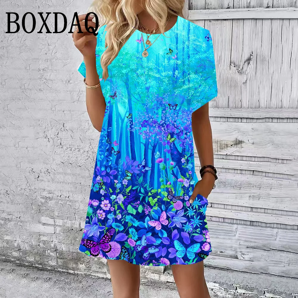 Summer Short Sleeves Dresses Classy Women Dress Loose A-Line Dress Vintage Floral Plant Print Woman Clothing Casual Round Collar