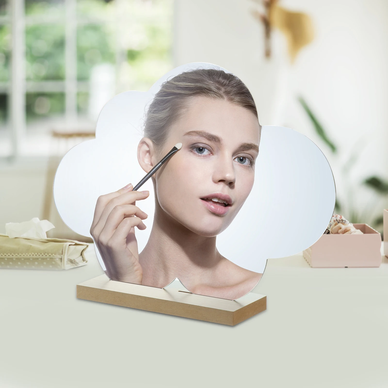 Wooden Makeup Mirror Desk Foldable Magnified Mirrors Irregular Round Vanity Table High Definition Skin Care Gift Beauty Tool