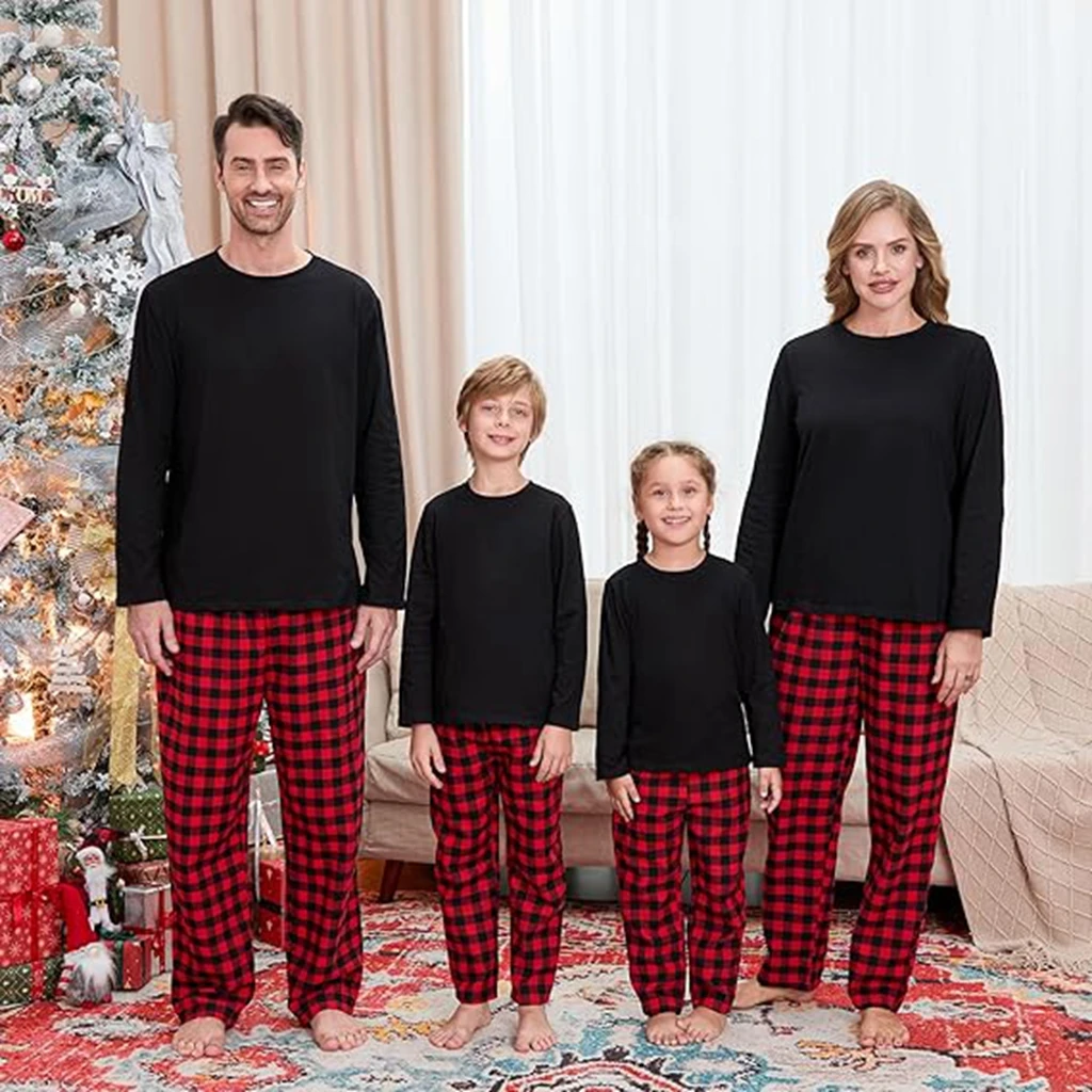 Combhasaki Family Matching Christmas Pajamas Loungewear Set Long Sleeve Solid Color T-Shirt Tops + Plaid Pants Holiday Sleepwear