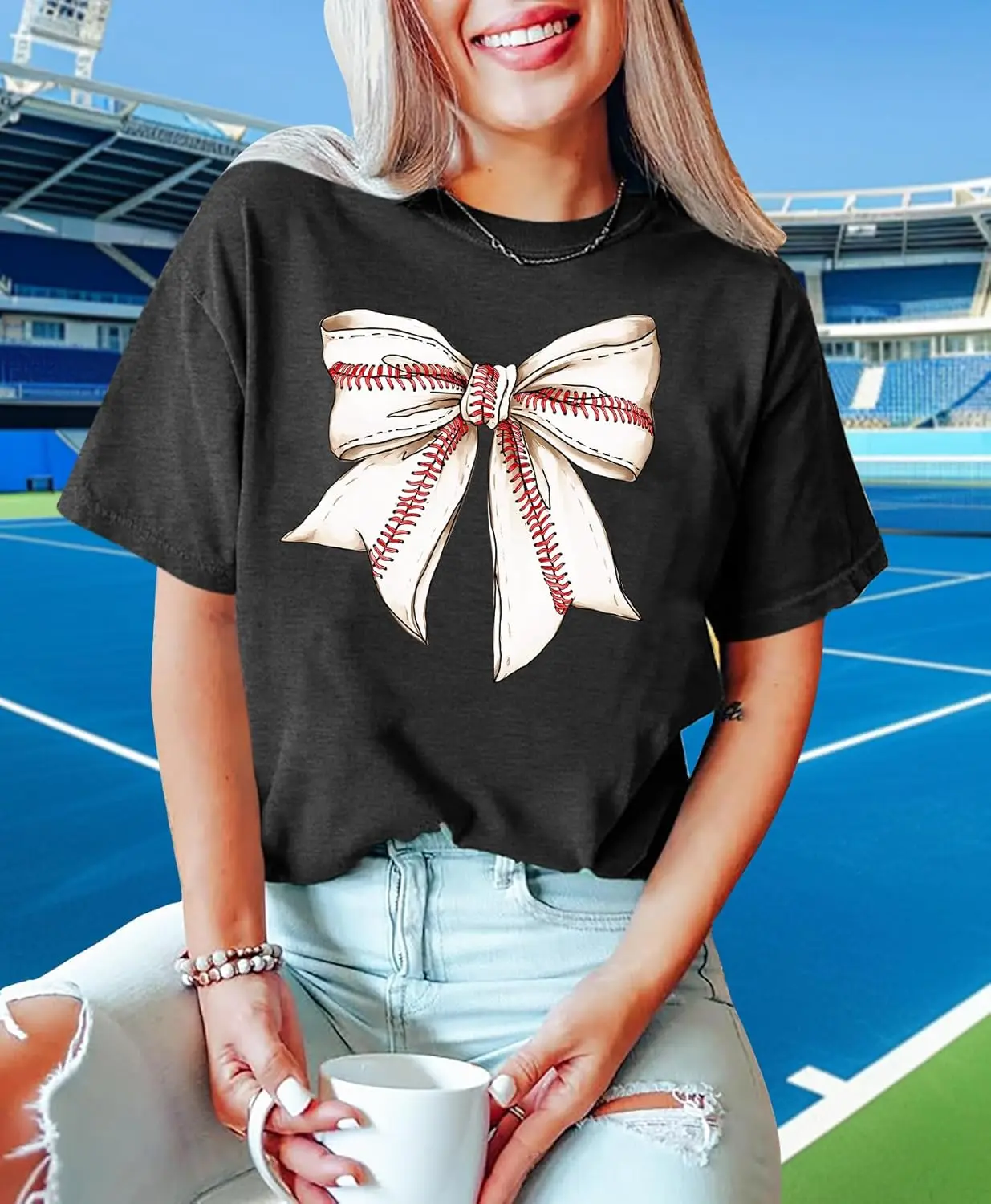 Baseball Shirts for Women Baseball Bow Graphic T Shirt Baseball Mom Short Sleeve Tee Game Day Gifts Tops for Mom Outfit
