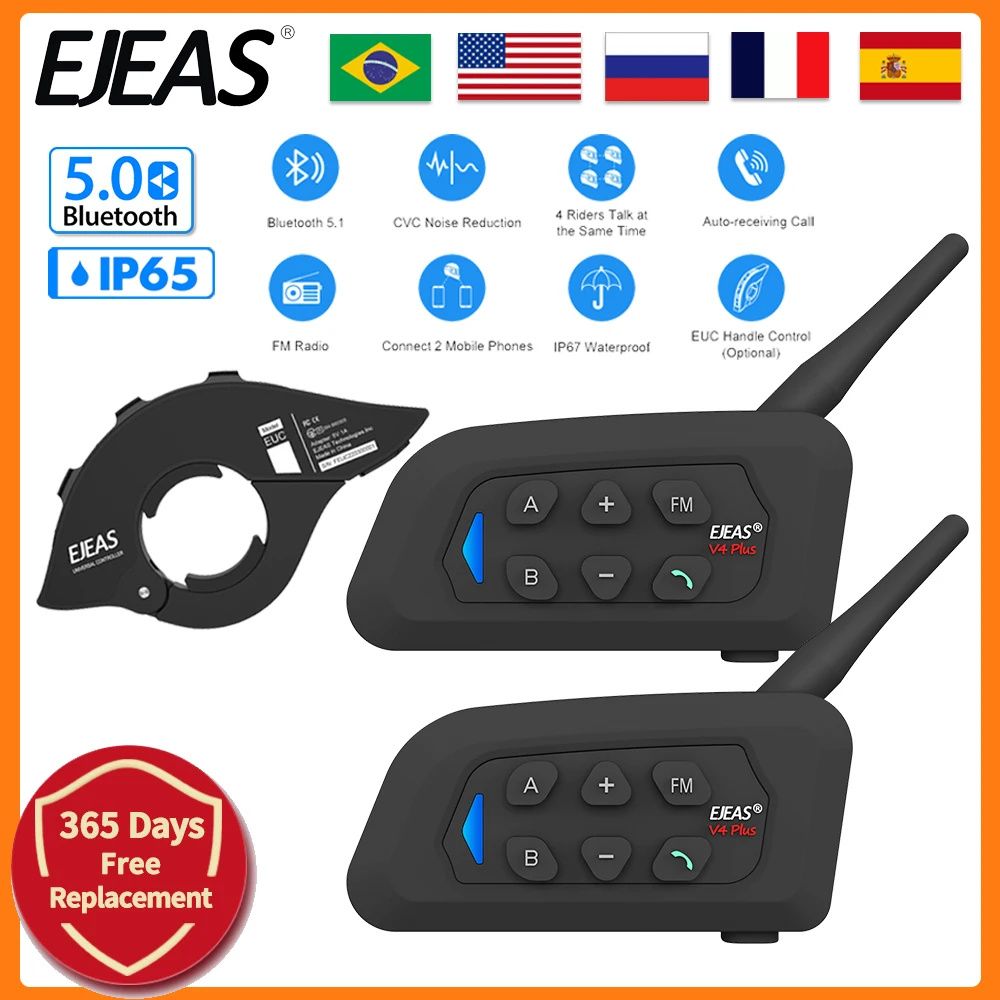 EJEAS V4 Plus Motorcycle Helmet Bluetooth Walkie Talkie 4 Riders Distance 1500M Full Duplex IP65 Waterproof +EUC Remote control