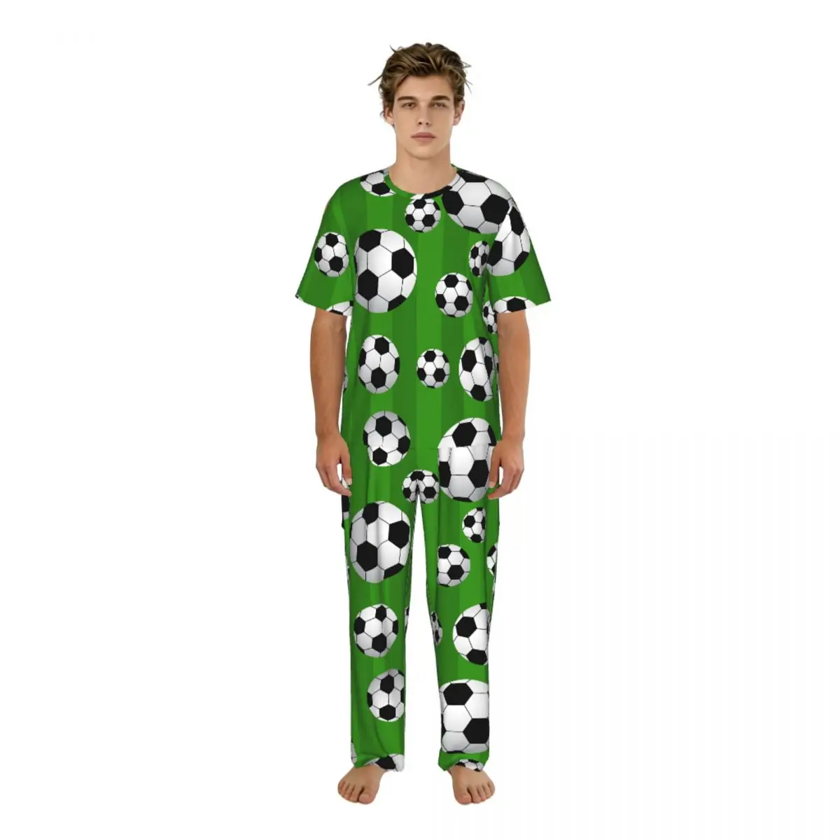 

Мужская пижама с короткими рукавами, двухкомпонентный комплект с брюками, домашний костюм с принтом футбольного мяча, одежда для сна