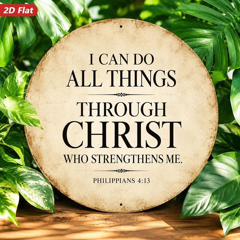 2D Flat, 1pc Biblical Strength Verse Round Metal Sign Wall Art, I Can Do All Things Message, Vintage Parchment Aesthetic, Rustic