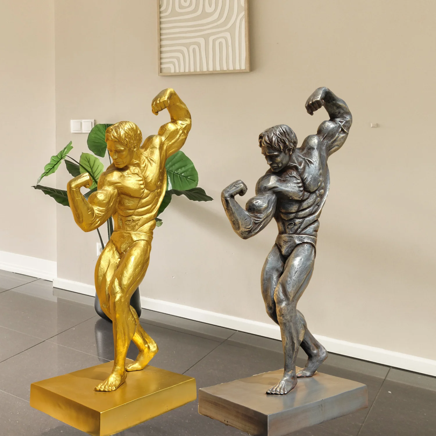 Bronze Muscle Man Statue 62cm Strong Muscular Bodybuilding Sculpture Home Garden Gym Decoration Ornament