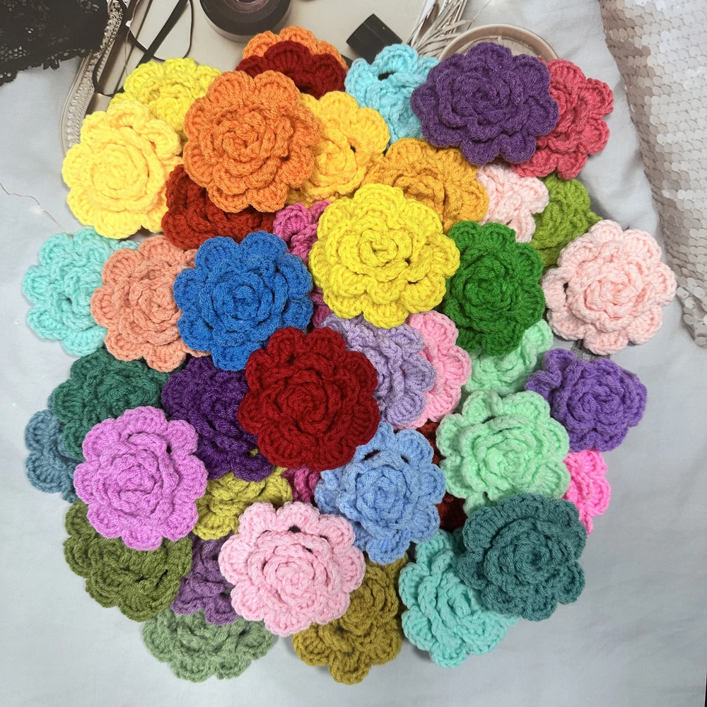 Knitting Flowers For Hairpin Hat Shoes Clothing Hand Crochet Fabric Pads DIY Craft Apparel Accessories 8cm