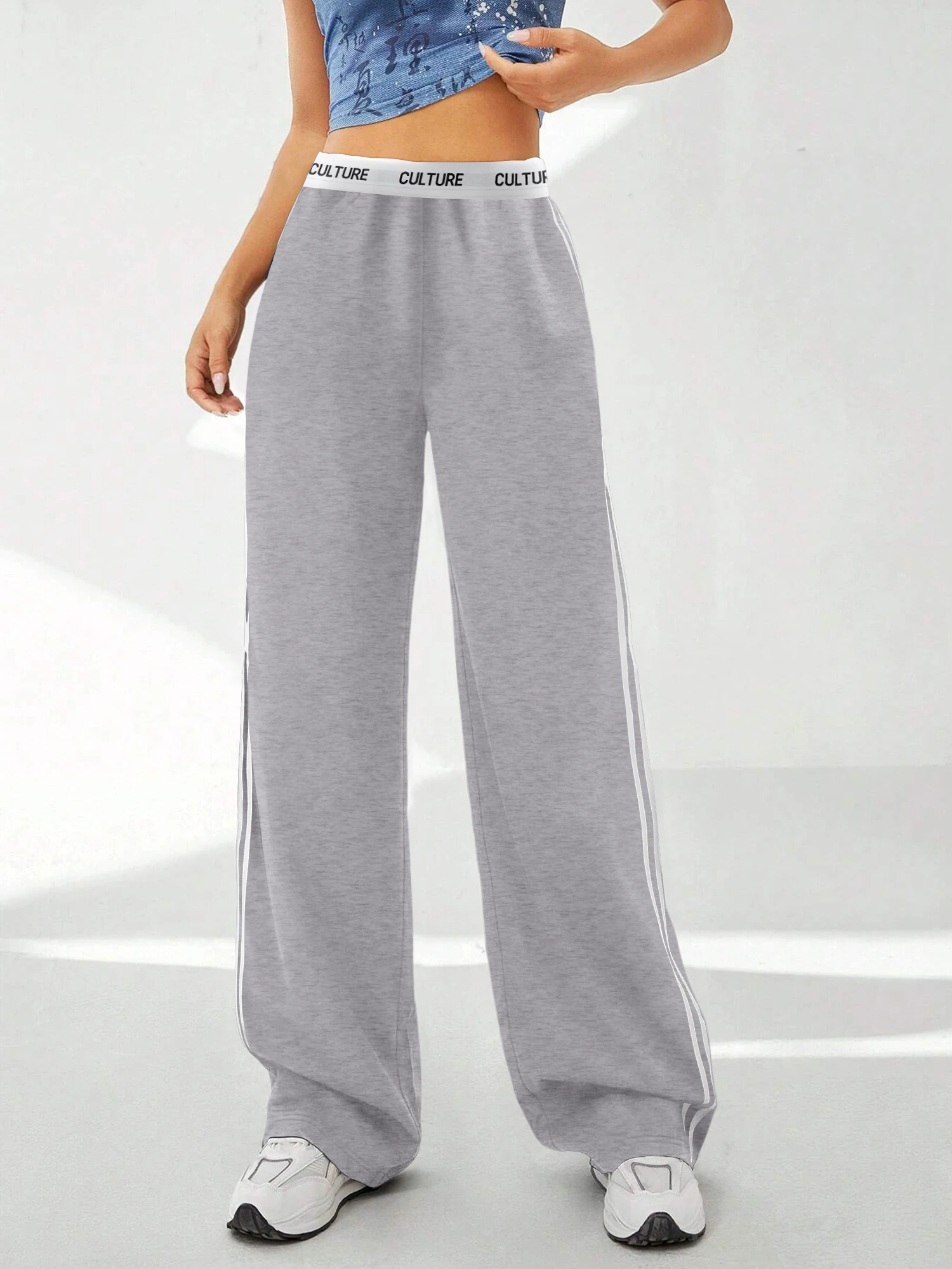 Women's "CULTURE" Waistband Pants - Side Stripes Wide Leg Casual Trousers