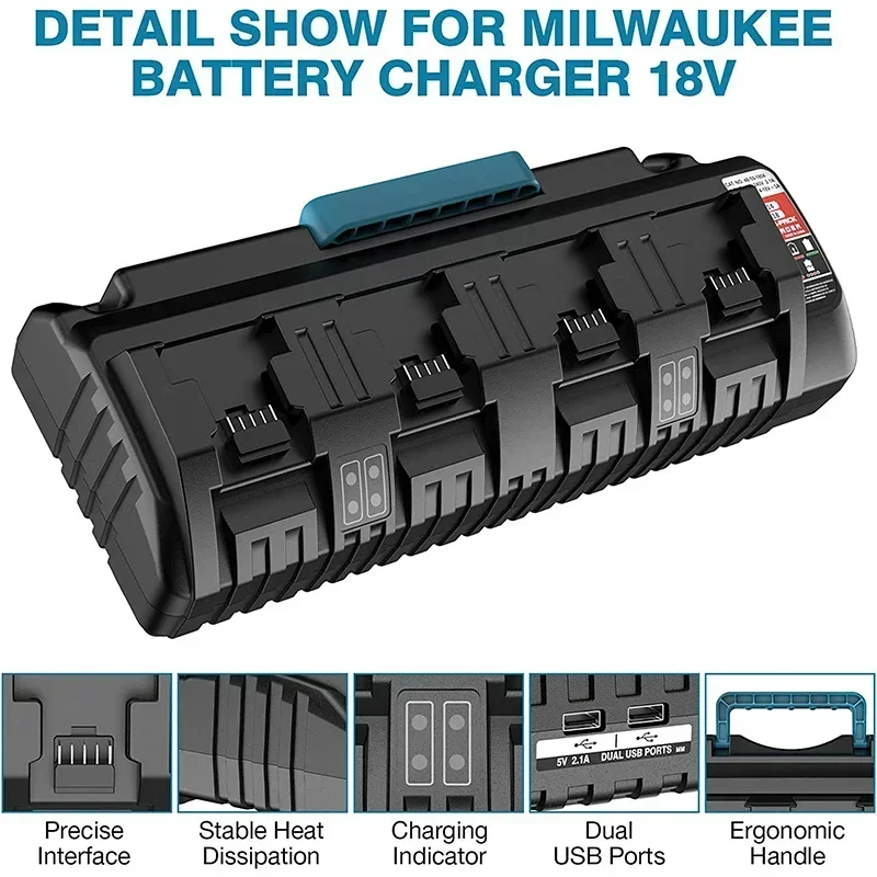 N14 N18 110-240V Li-ion Battery Charger for Milwaukee M18 48-11-1815 48-11-1828 48-11-2401 48-11-2402 4-Port 3A Charger