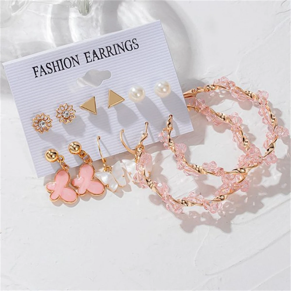 Fashion Pink Butterfly Flower Crystal Pearl Earrings Set for Women Cute Trendy Heart Geometric Gold Color Earings Party Jewelry