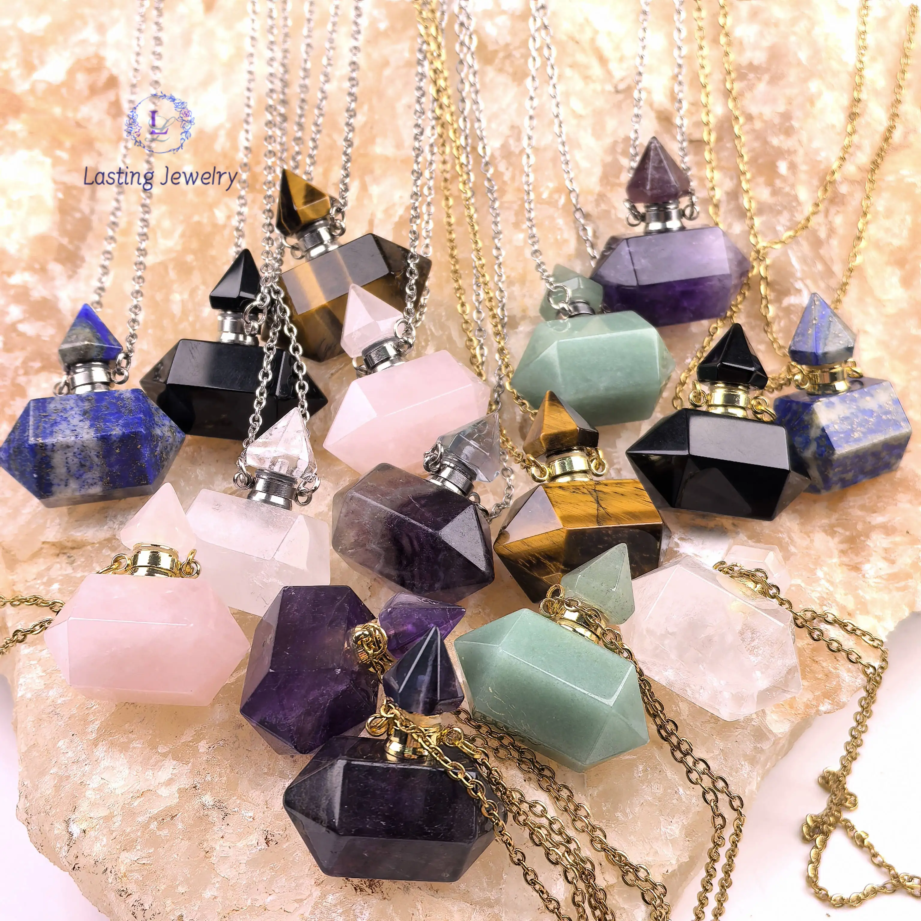 

Double Point Quartz Essential Oil Diffuser Vial Charms Healing Crystal Fluorite Perfume Bottle Pendant Necklace Jewelry Gift