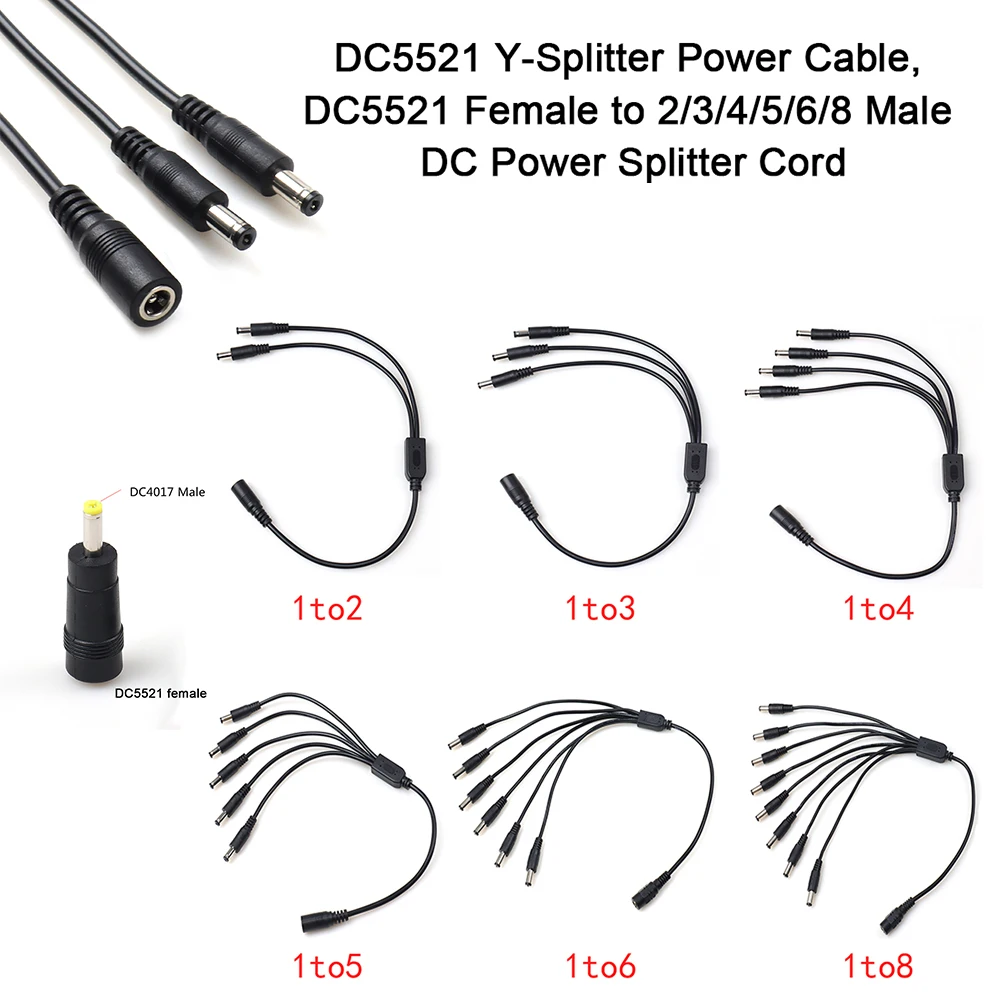 LANO Black DC5521 female to 2 / 3 /4/5/6/8 male cable Y‑Splitter Power Cable for DIY Electronics Security Surveillance LED Light