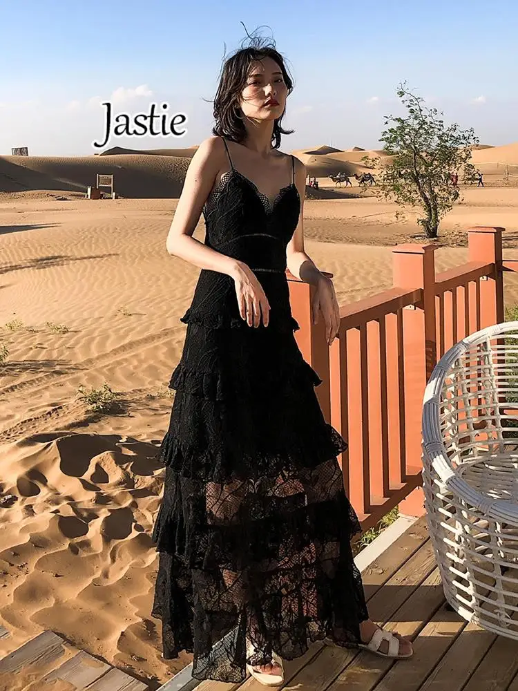 Jastie 2024 Luxury Design Sexy Slim Black Suspender Dresses For Women V-neck Sleeveless Seaside Vacation Lace Cake Dress