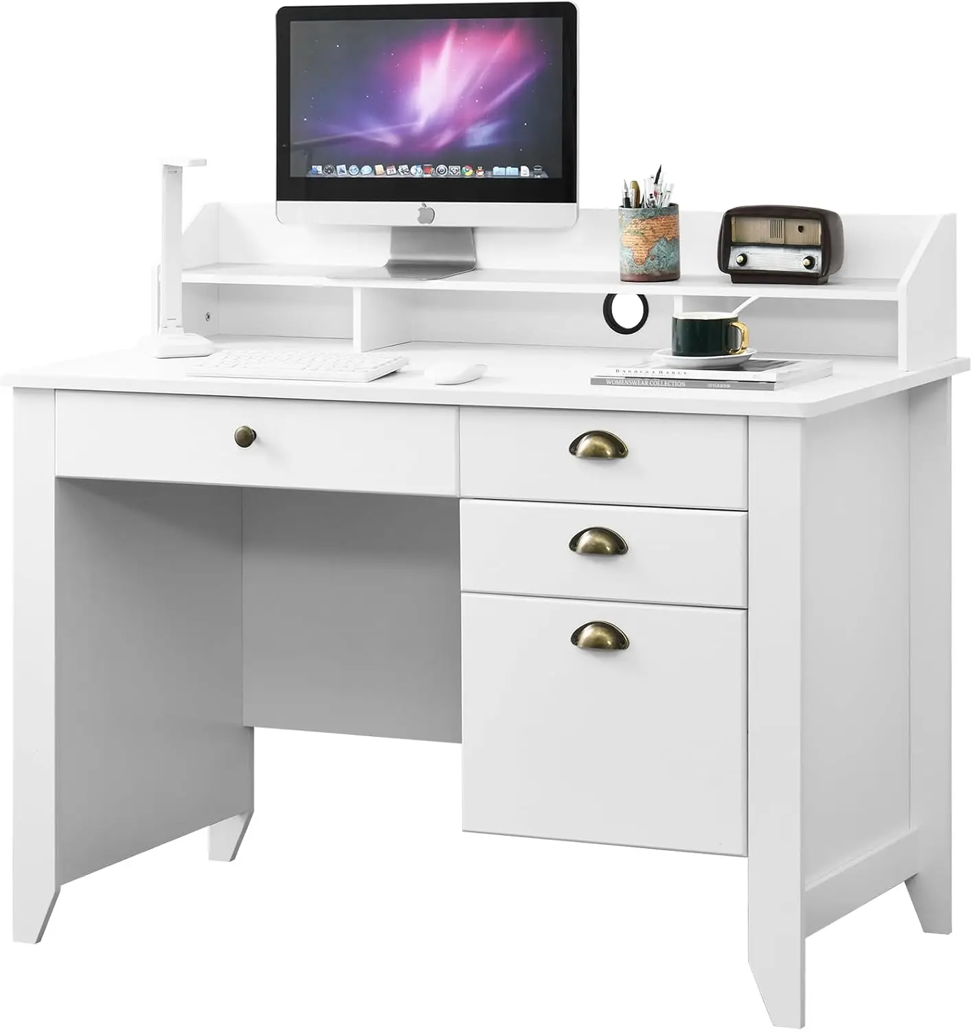 White Desk with Drawers, 47 Inch Home Office Computer Desk with File Drawers Student Girls Desks Teens Writing Table with Hutch