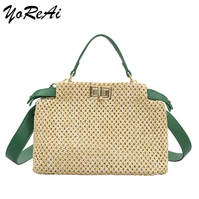 

YoReAi Straw Beach Bag Fashion PU Handmade Woven Shoulder Bags Raffia Rattan Handbag Bohemian Summer Casual Small Square Pack