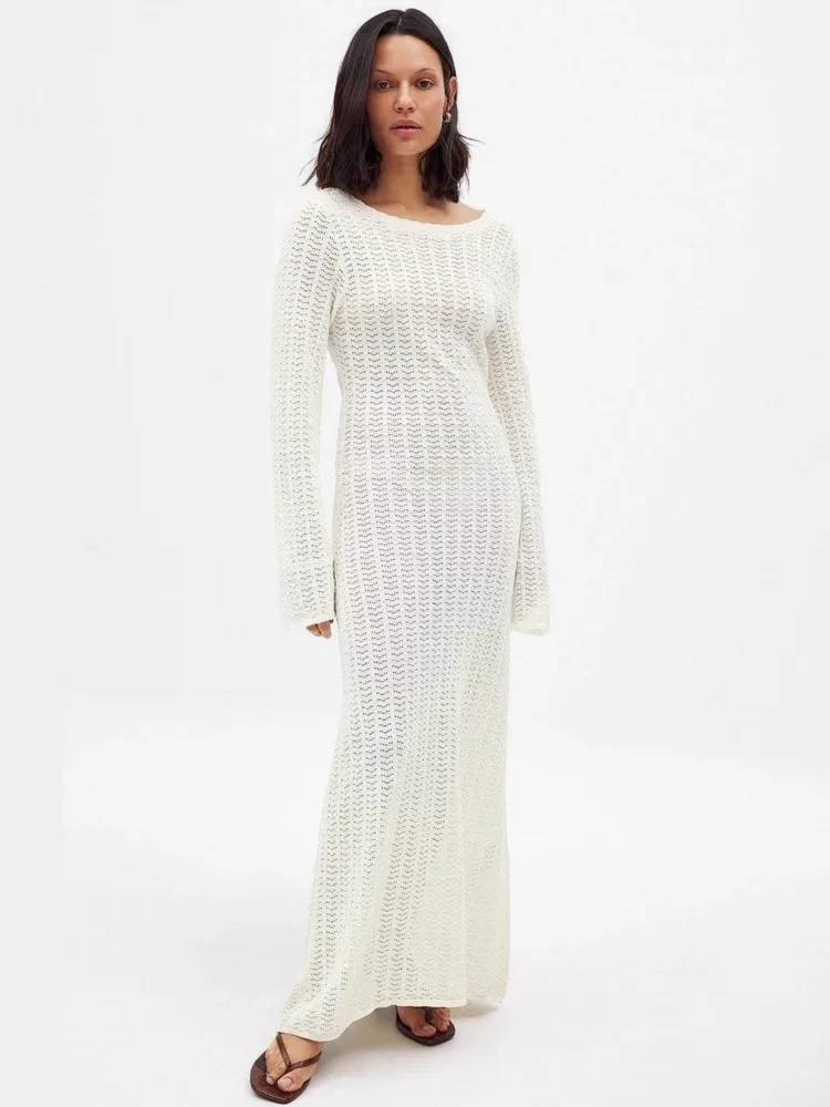 Robe de plage longue en tricot pour femmes, Sexy, ajourée, col rond, manches longues, Cover-Up pour Bikini, dos nu, robe de vacances, été, 2026