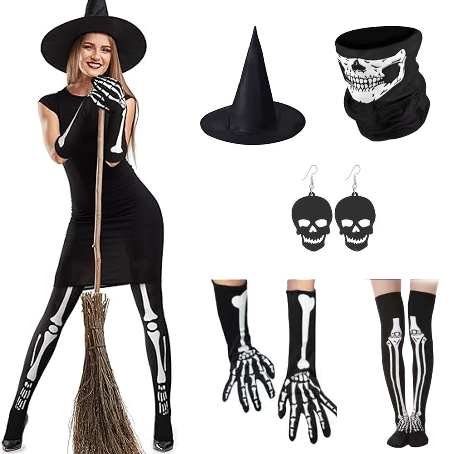 PESENAR Halloween Skeleton Gloves Stockings Neck Gaiter Set Includes Skull Arm Sleeve Long Gloves Thigh High Stockings Pantyhose