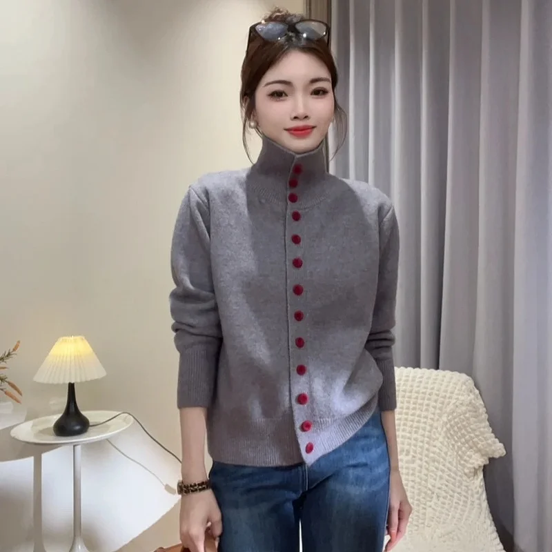 

Spring 2025 Women's Thiened High Collar Knitted Open Cardigan Lazy Sle Korean Retro Loose Fit Long Sve Sweater Coat