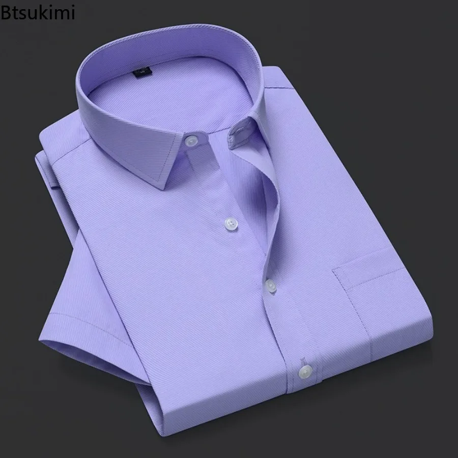 Fashion New Men's Short Sleeve Dress Shirts Summer Solid Slim Office Business Formal Shirts Men Casual Social Blouses Oversized