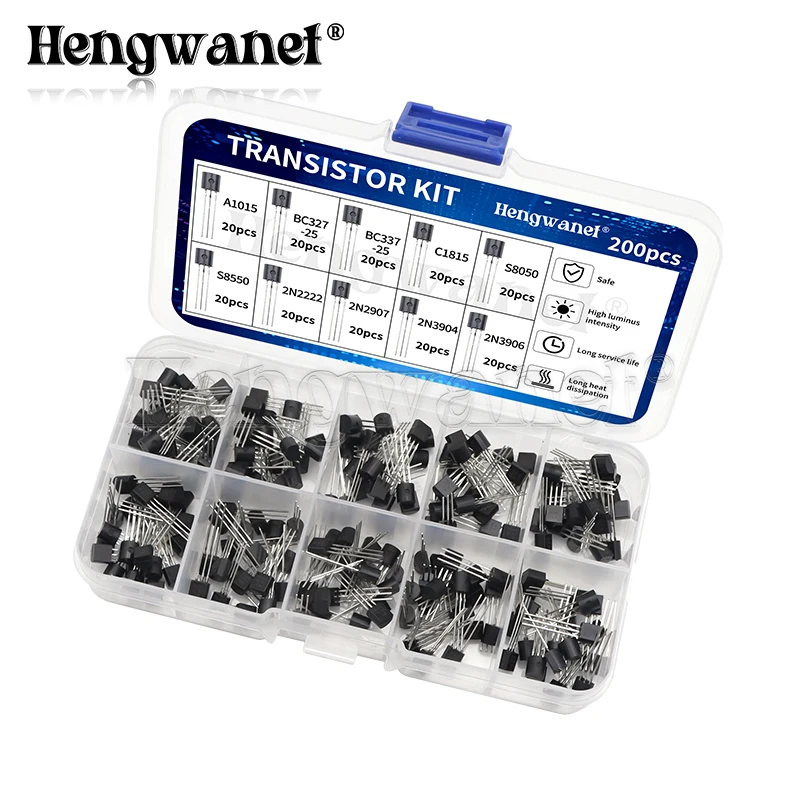 200pcs BJT Transistor Kit Bipolar Power Transistors A1015 BC327 BC337 C1815 S8050 S8850 2N2222 2N2907 2N3904 2N3906 PNP NPN