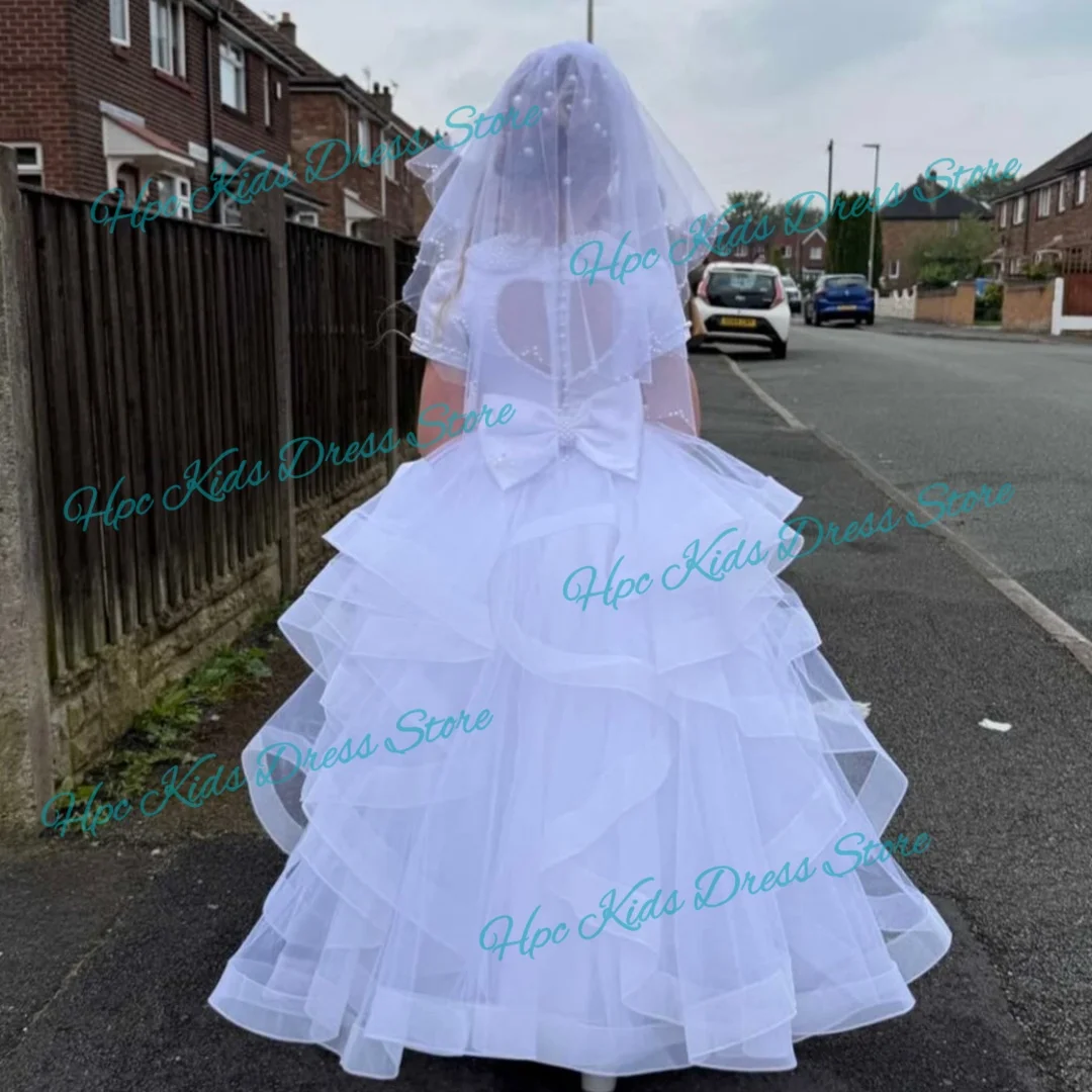 Custom White Girls' First Communion Flower Girl Dress with Pearl Collar, Multi-Layer Tulle Skirt, Includes Veil and Gloves, Chil