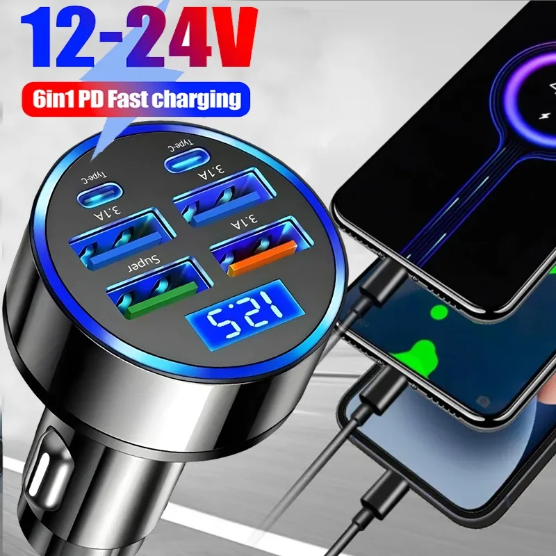 6-in-1 Car Fast Charging Adapter 3.1A Dual Type-C Digital Display Smartphones Tablets Power Banks Black Portable Charger 12-24V