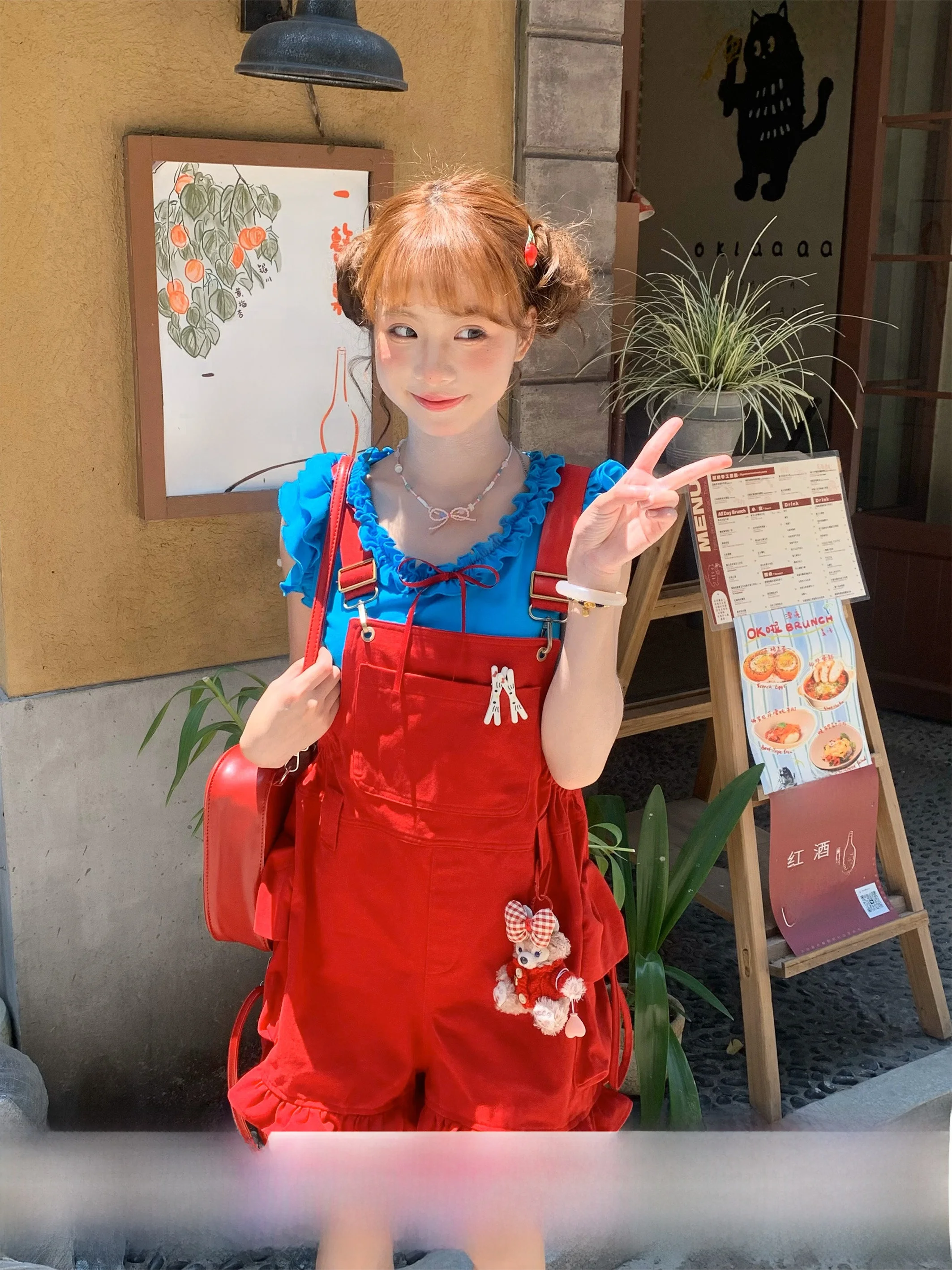 Sinsingirl Blue Short Sleeve Red Overalls Women's Summer Fashion Set Cute Berry Bubble Print round Neck Two-Piece Suit for Ad...