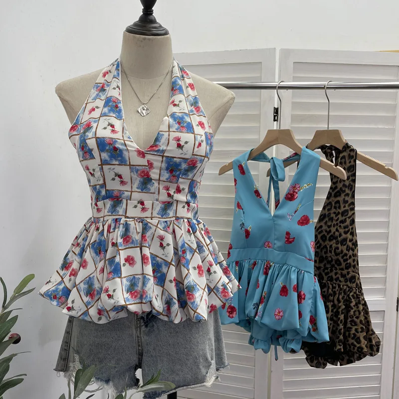 Women's Chic & Elegant Lace-Up Halter Padded Bust Camisole Vintage Plaid Flared Hem Tummy Control Sleeveless Top Clubwear 9355