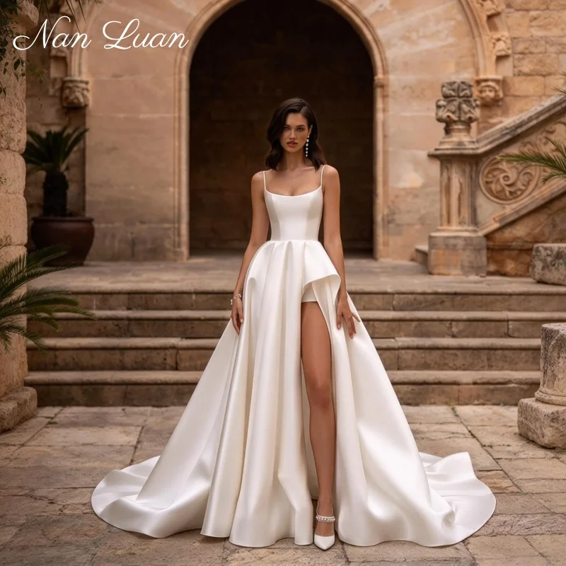 Natural Waist Bridal Dress Satin Simple Spaghetti Strap High Slit Wedding Gown Vestidos De Novia Customized