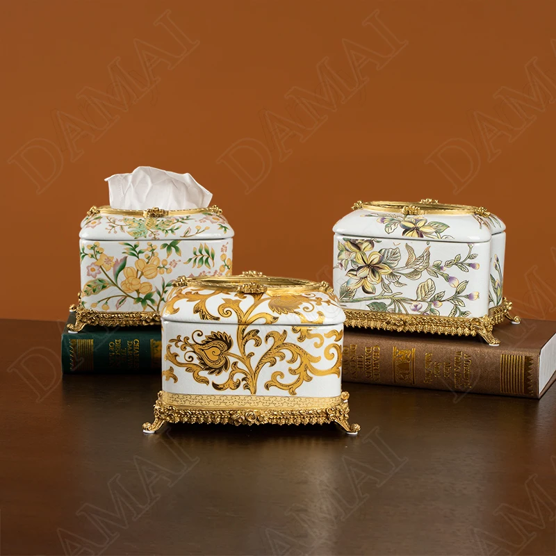 

European Ceramic Tissue Box Hand Carved Brass Base Decorative Living Room Paper Boxes Retro Home Decoration Desktop Ornaments