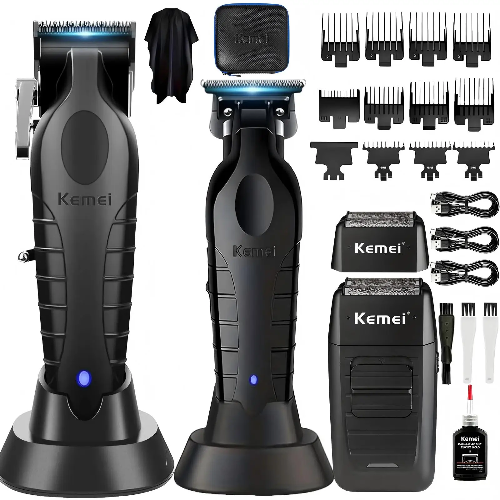 Kemei Black Haircut Three-Piece Set KM-2296 2299 1102 with Charging Base Electric Hair Clipper, Engraving Trimmer, Whitening Shaver, USB Rechargeable Professional Salon Full Haircut Tool Kit