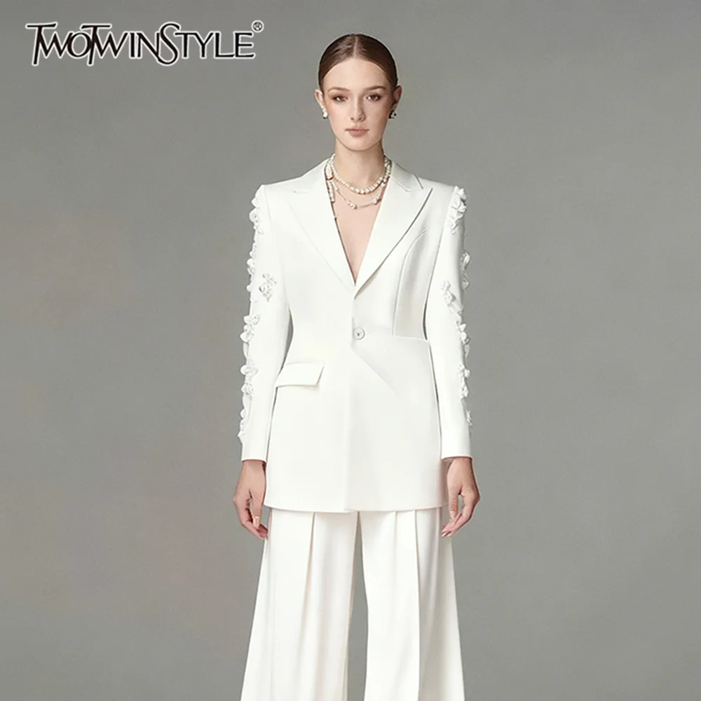 

TWOTWINSTYLE однотонные модные пиджаки из бисера для женщин с лацканами и длинными рукавами в стиле пэчворк на пуговицах элегантный блейзер женский модный новый