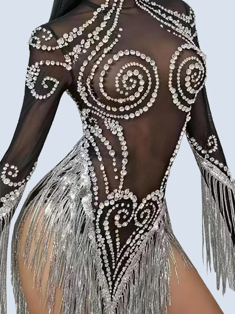 

Sparkly Rhinestone Tassel Mini Dress Ladies Latin Dance Team Outfit Black See Through Mesh Dresses Stage Performance Pole Wear