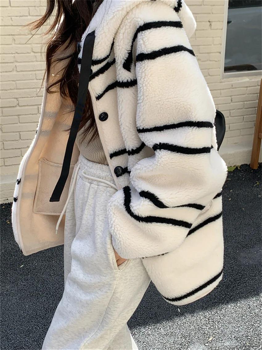 PLAMTEE Hooded Warm Winter Coats Thicken Daily Vintage Soft Streetwear New 2025 OL Loose Chic Stripes Casual Office Lady Slim