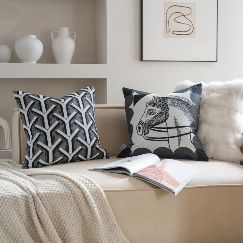 High End Texture Black Geometric Jacquard Cushion Cover Double-sided Modern Vintage Luxury Pillow Covers Decorative Decor Home