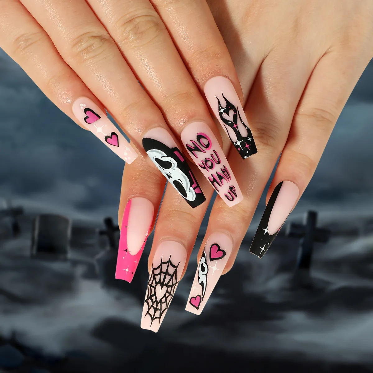 Halloween False Nails Red Color Scary Ghost Skull Spider Printed Artificial Acrylic Nails European Style Long Pointed Fake Nails