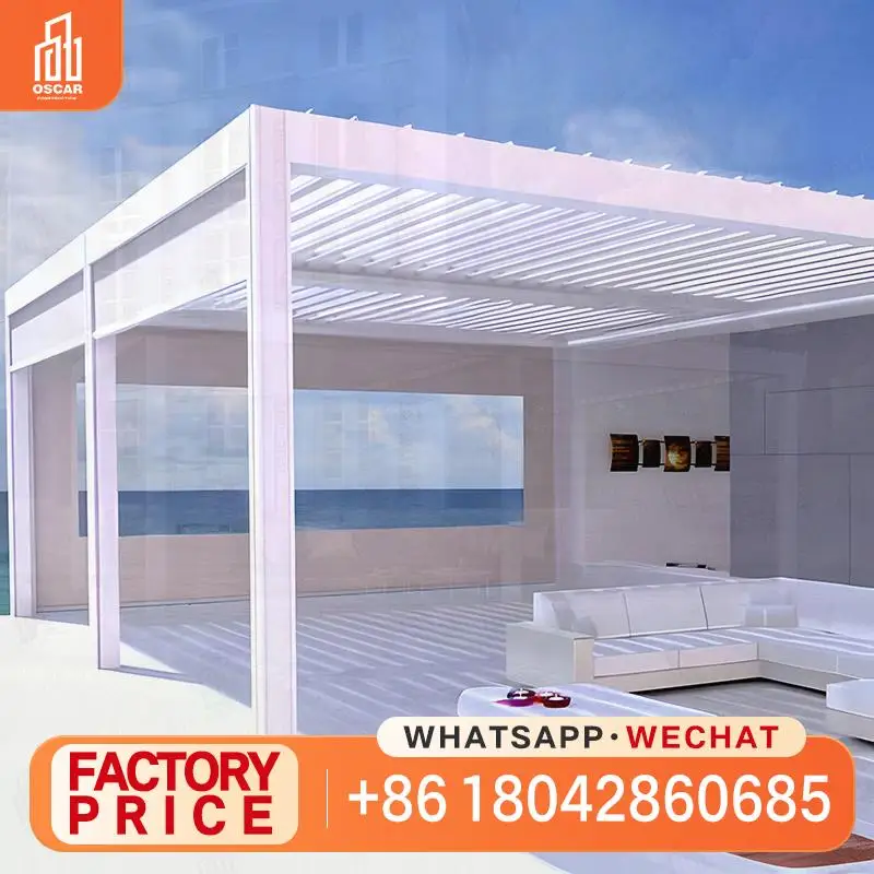 Pérgola bioclimática con bloque solar para techo con lengüeta motorizada con ajuste automático y estructura de sombra de diseño resistente a la intemperie