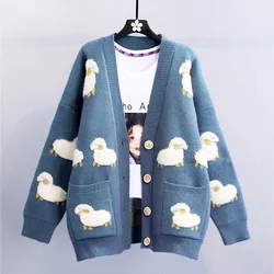 Blue Sheep Cartoon V-Neck Long Sleeve Loose Knitted Sweater Women's Cardigan Thick Cardigan For Women Clothing Fashion Winter