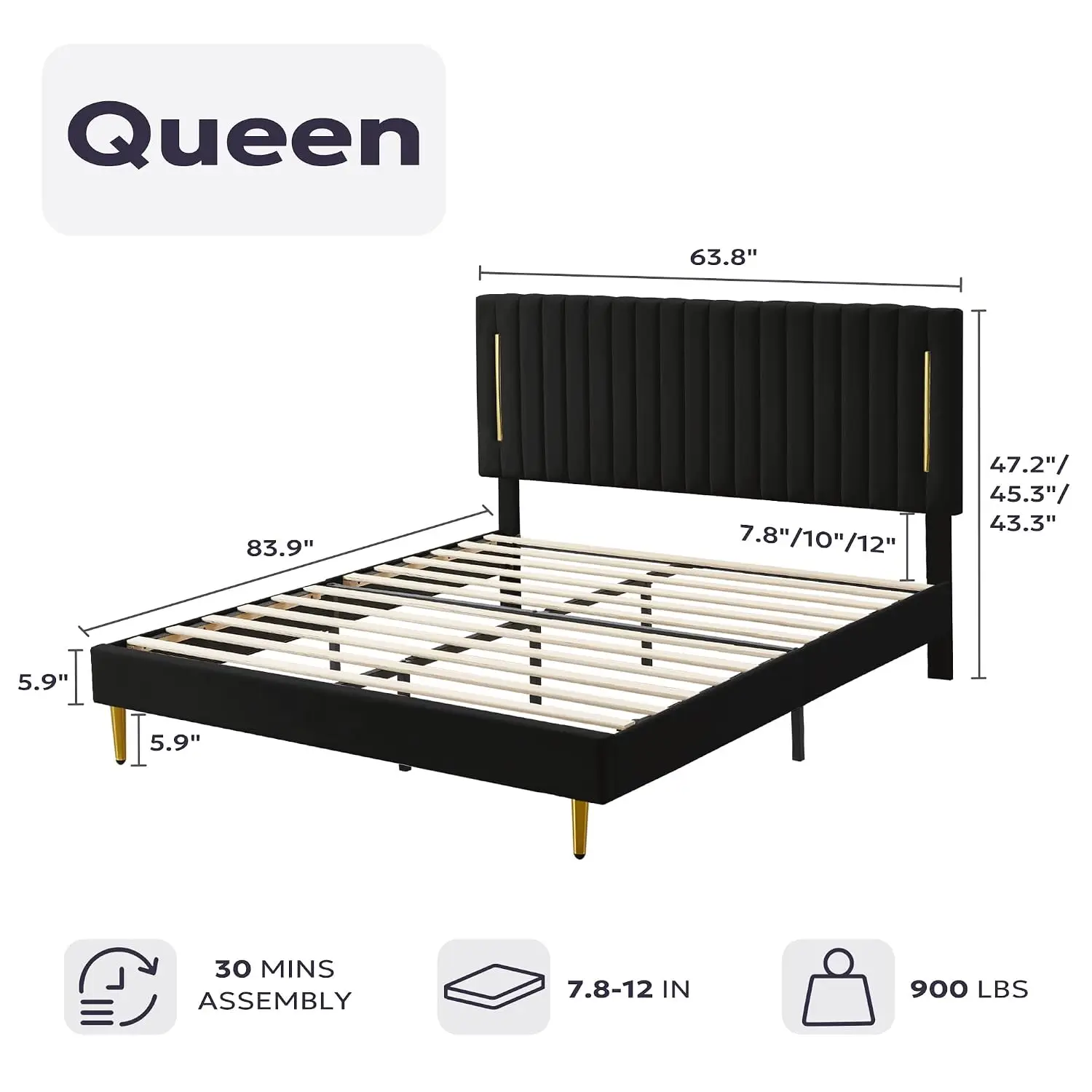 Velvet Queen Platform Bed with Adjustable Headboard, Golden Trim, Wooden Slat Foundation, No Box Spring, Black, Customized