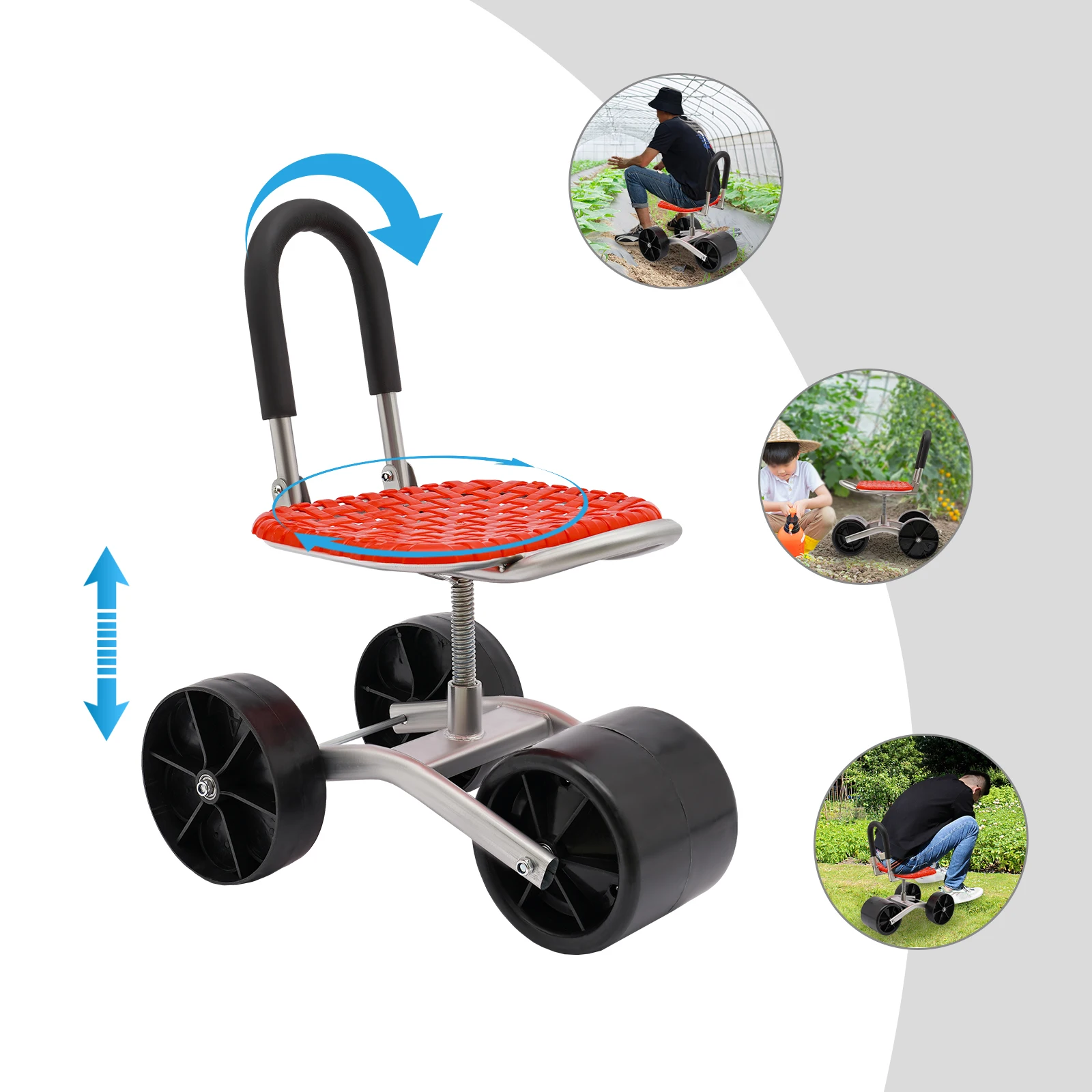 

Garden Rolling Stool Workseat with 3 Wheels Stable Sturdy Cart Adjustable Seat Height and Direction for Gardening Seats