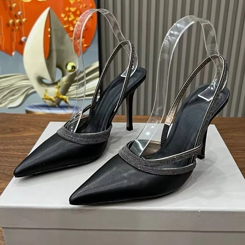 

Сексуальные сандалии из натуральной кожи с декором из бисера, женские сандалии с острым носком и закрытым носком, летние вечерние модельные туфли на тонком высоком каблуке